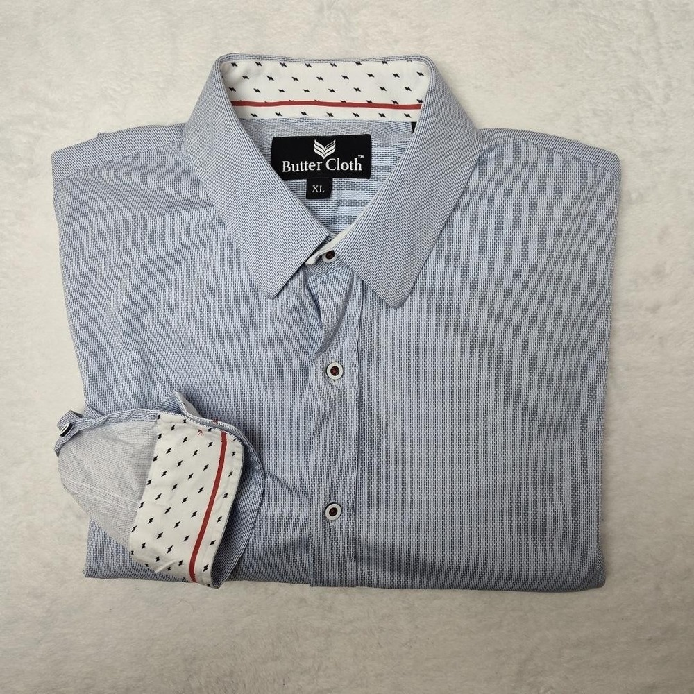Butter Cloth Shirt Mens XL Blue Stripe Long Sleeve Dress Contrast Trim Cuff Work